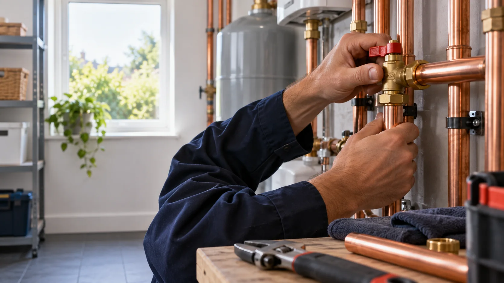 Plumber working carefully on copper water piping